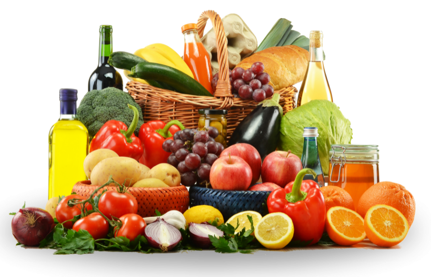 The image features a diverse selection of fresh produce. There is an abundance of vegetables including tomatoes, peppers, cucumbers, zucchini, garlic, and eggplant, as well as fruits such as apples, oranges, and grapes. Also visible are a bottle of olive oil, a bottle of dark vinegar, and orange juice, along with a jar of honey. All these items are arranged to look like a plentiful and colorful picnic basket. The richness of colors and the variety of textures make this composition appealing and vibrant, highlighting a healthy and balanced diet.
